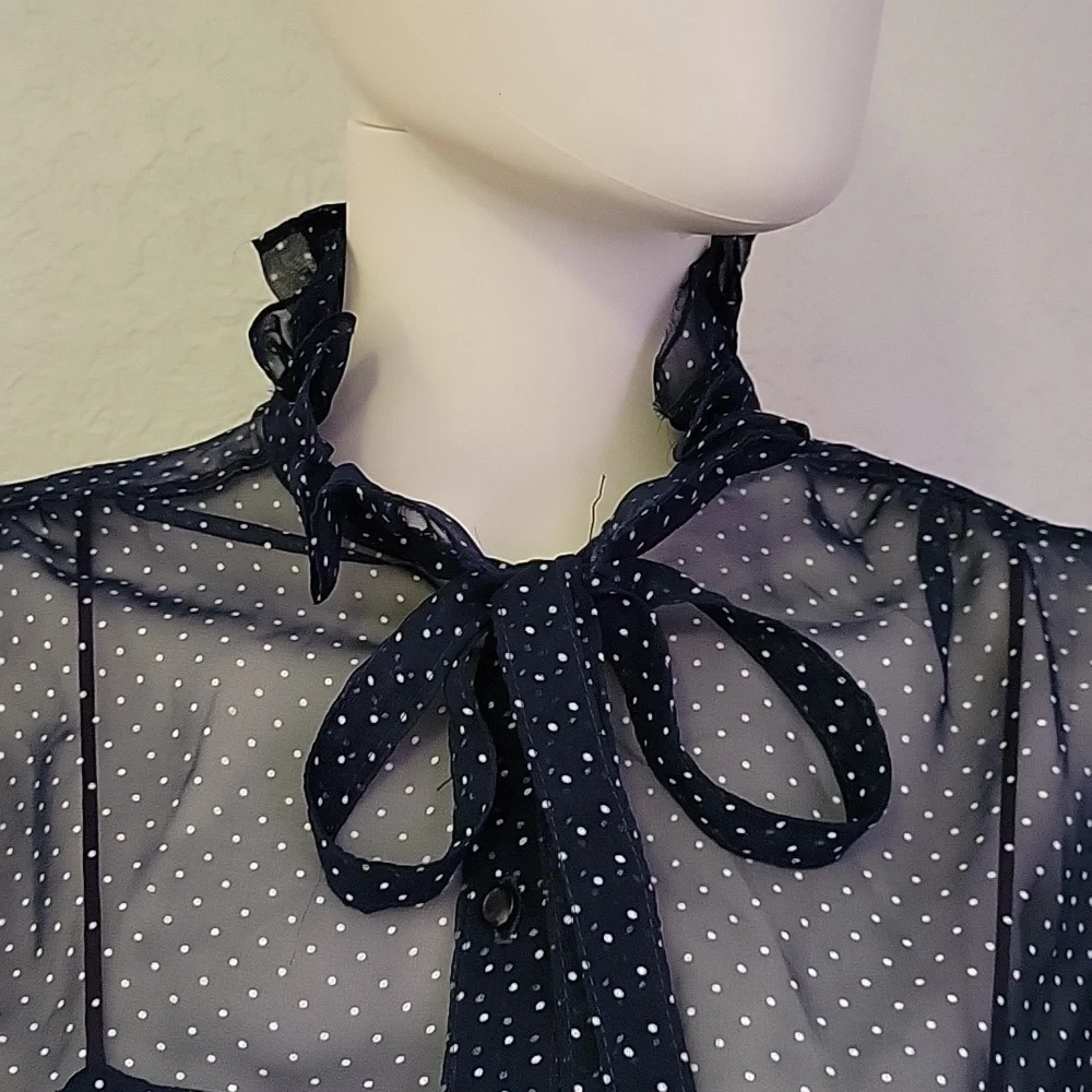 VTG AJ BARI Navy Pin Dot Chiffon Blouson Ruffle Bow Tie Castlecore Shirt Dress - Picture 6 of 10